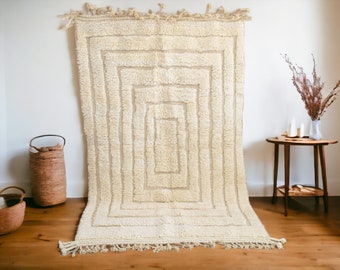 Handknotted White Moroccan Beniourain Area Rug - Soft Shag Carpet - Berber Rug 5'x8'- Bohemian Home Decor