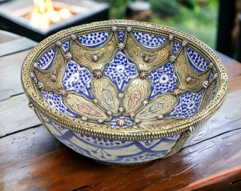 Moroccan Ceramic Brass Bowl, Berber Midcentury Vase, Unique Artisanal Decorative Vessel, Vintage Pottery Vase Urn