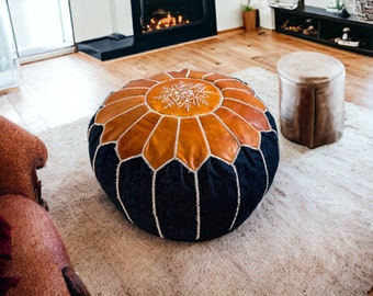 Moroccan leather ottoman pouf, Leather floor cushion for floor seating, window seat, footstool  or Outdoor ottoman