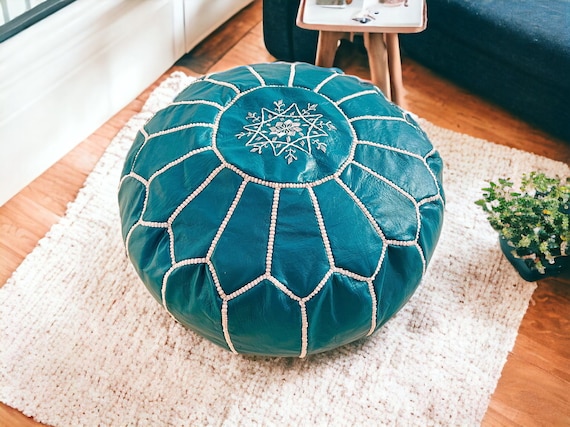 Turquoise Moroccan Leather Ottoman Pouf Leather Floor Cushion for Floor Seating Window Seat Footstool or Floor Cushion Etsy