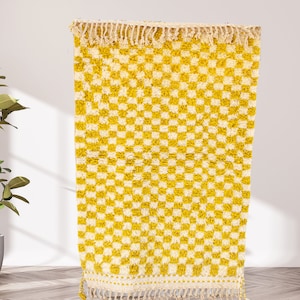 Checkered Yellow Rug, Beni ourain Custom Rug, Handmade Wool Rug With Checkboard Pattern