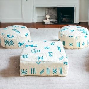 Set mit 3 Handgefertigten Berber Kilim Boden-Poufs aus marokkanischer Wolle