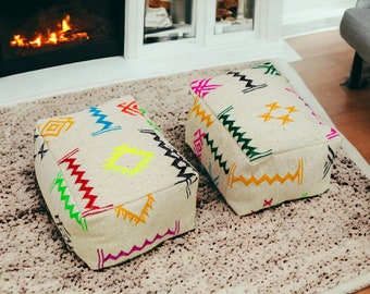 Set of 2 Moroccan Kilim Pouf, Small Floor Pouf, Vintage Moroccan Ottoman, Beni Ourain Square Pouf,Meditation Cushion,Outdoor Floor Pillow