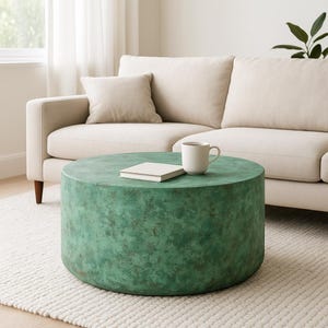 Handmade Verdigris Copper Coffee Table: Round Boho Living Room Table