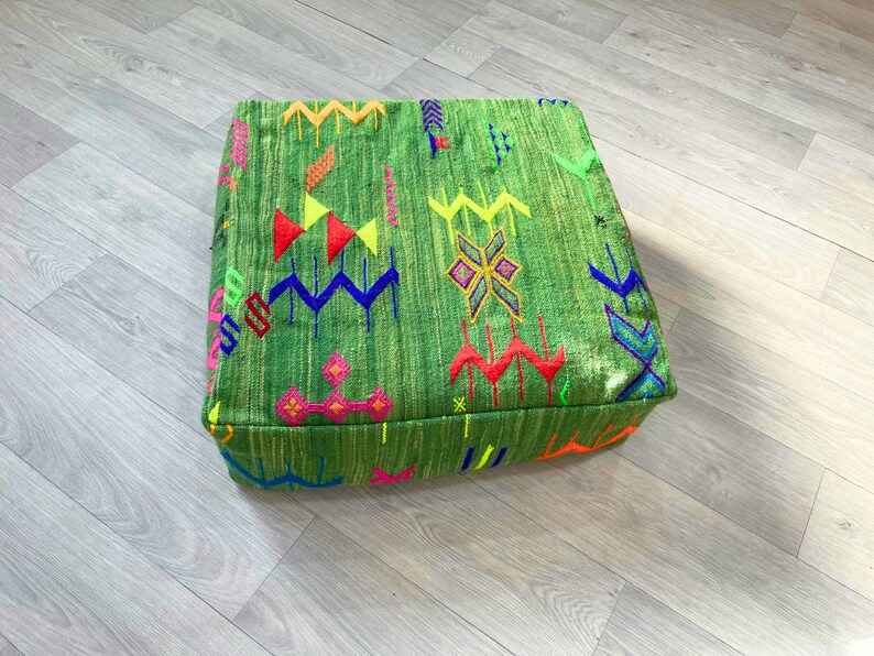 Set of 2 Green Moroccan Kilim Pouf, Floor Cushion, Vintage Moroccan