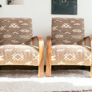 Set of 2 Mid century wooden Armchair, Moroccan Kilim Rug Armchair, Retro lounge chair, relax vintage modern chair, Art deco chair