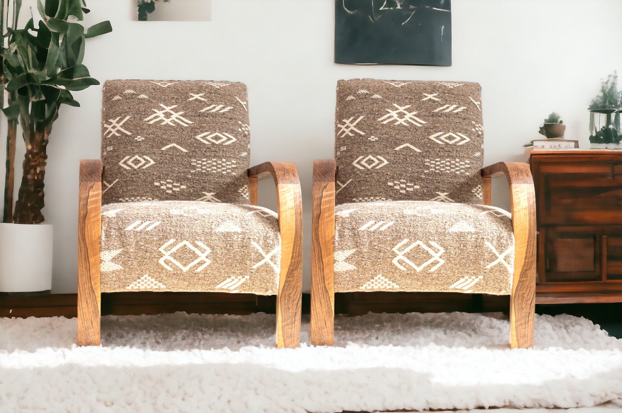 Set of 2 Mid century wooden Armchair, Moroccan Kilim Rug Armchair, Retro lounge chair, relax vintage modern chair, Art deco chair