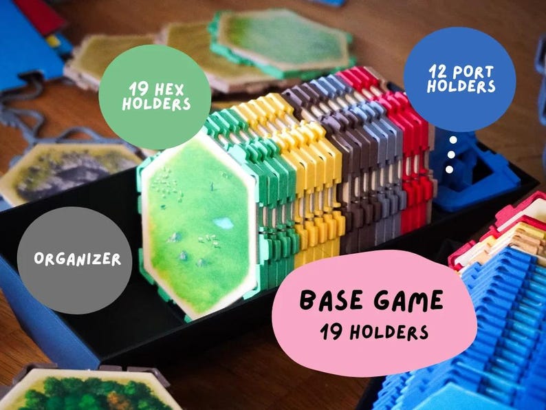 Soportes hexagonales (paquete de 19 o combo completo) para la organización de juegos de mesa de asentamiento y comercio basados en hexágonos. imagen 2
