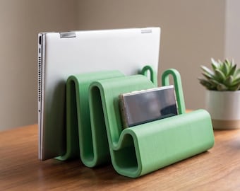 Soporte para portátil, tableta y teléfono - "The Device Taco" Estación de carga multidispositivo impresa en 3D / Organizador de escritorio vertical con paso de cables