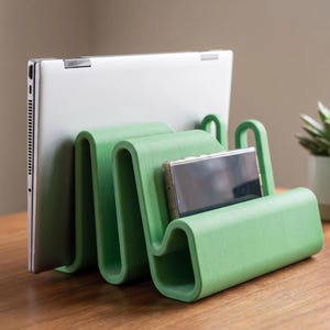 Laptop Stand Tablet Phone Holder - "The Device Taco" 3D Printed Multi Device Charging Station | Vertical Desk Organizer Cable Pass-Through image 1