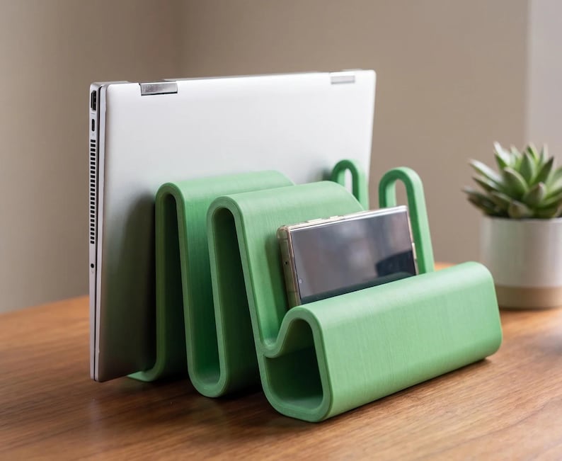 Laptop Stand Tablet Phone Holder - "The Device Taco" 3D Printed Multi Device Charging Station | Vertical Desk Organizer Cable Pass-Through image 1