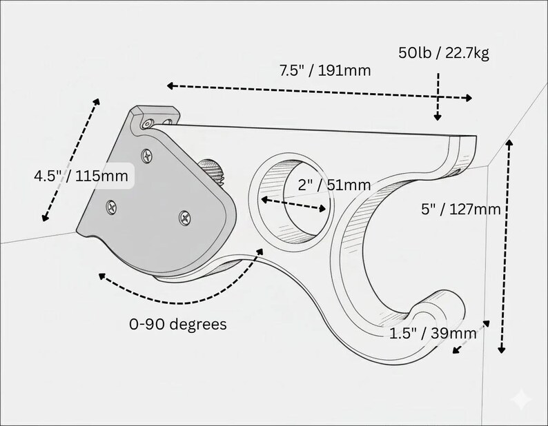 Verstelbare schuine plankbeugel voor schuine wanden - Zolderkastopberger met ophangstang | 3D-geprint (paar) afbeelding 5