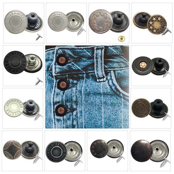 Jeans Buttons, No Sew Tack Buttons, Hammer On Tack Buttons with Pin, Pinback Jean Buttons for Jeans, Jackets, Skirt, Trouser