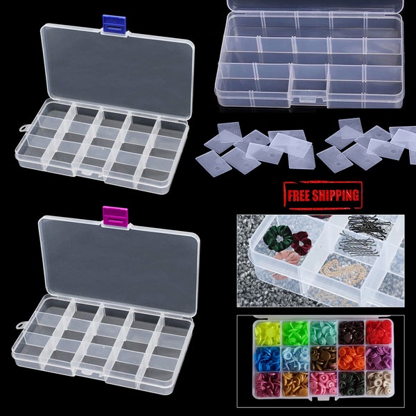 Boîte de rangement à 15 compartiments, boîte de rangement en plastique transparent, boîte de rangement organisateur avec séparateurs réglables pour perles, bijoux, boucles d'oreilles