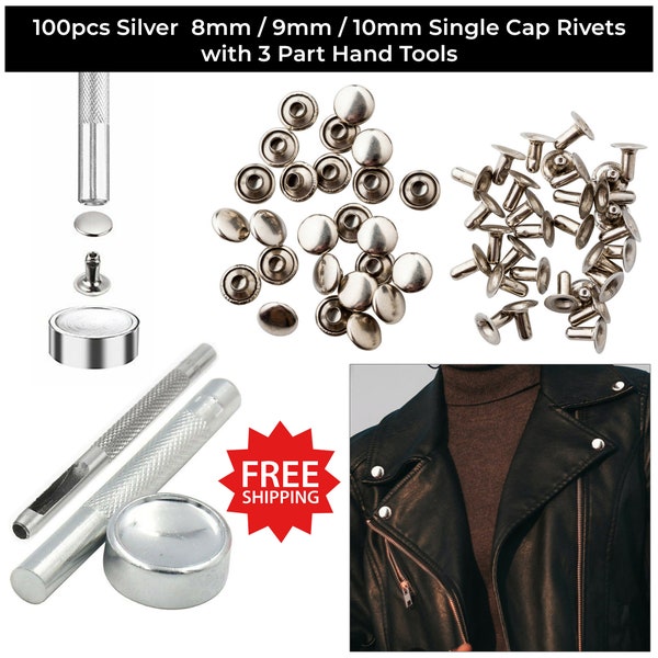 Single Cap Rivets, Single Silver Cap Tubular Studs with Fixing Hand Tools Kit for Jeans, Jackets, Bags, Shoes, Purse, Leather Craft