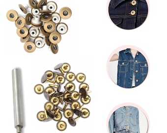 Jeans Button, No Sew Tack Jean Buttons, Jacket Button With Pins & Installation Hand Tool, Brass Buttons for Jeans, Jacket, Denim, Clothing