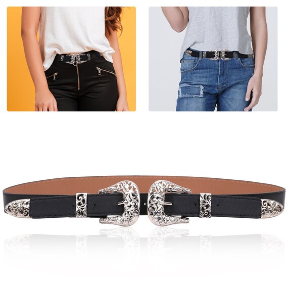 Double-Buckle Western Belts for Women, Vintage Design Leather