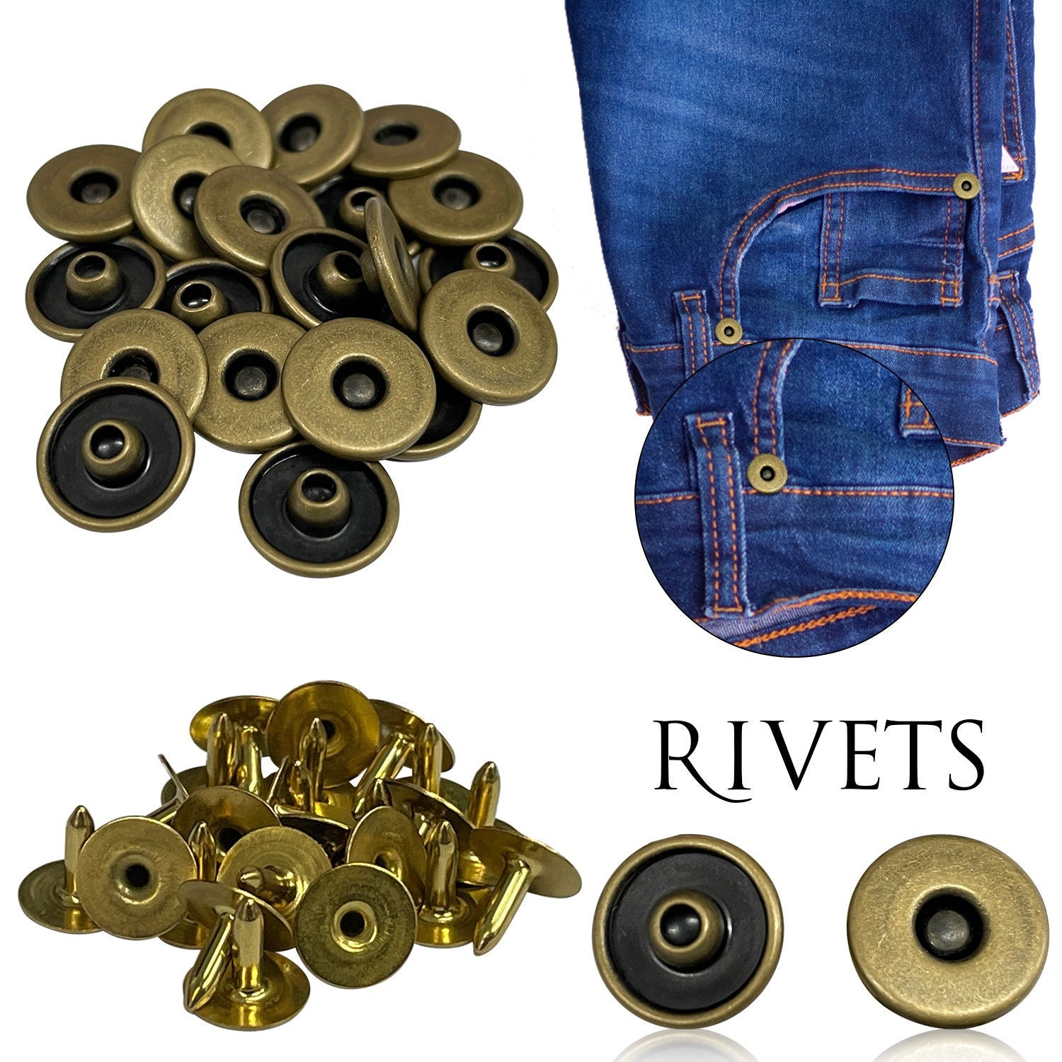 Round Metal Jeans Buttons / Snap Buttons with Rivets and Tool Set and  Plastic Storage Box - 17mm - 20 PCS (MBT17)