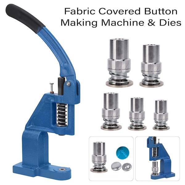 Blaue Handpressmaschine und Handpressmatrize für stoffbezogene Knöpfe zur Herstellung von stoffbezogenen Knöpfen, Knopfherstellung DIY-Bastelprojekte