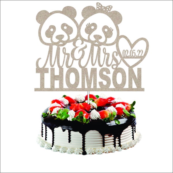 Personalized Pandas with Last Name and Date Wedding Cake Wooden Topper Mr and Mrs MDF Cake Topper