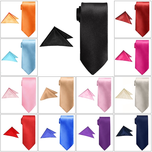 Men's Necktie Solid Satin Neck Tie and Pocket Square, Skinny Tie with Handkerchief for Wedding Party, Birthday Party, Formal & Casual Wear