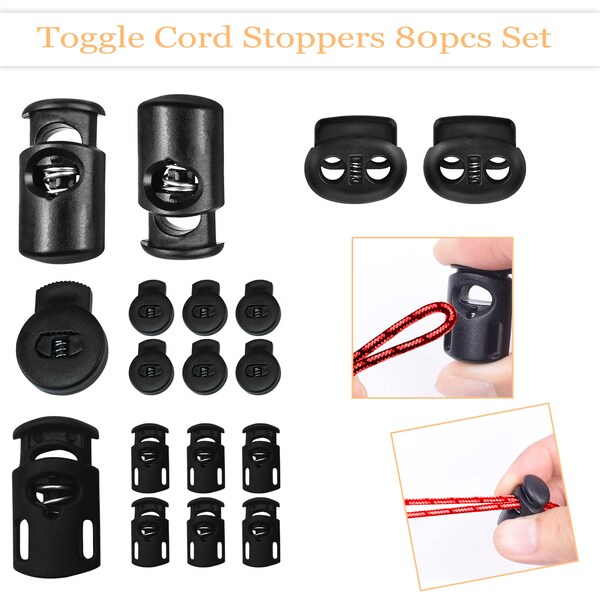 80pcs Plastic Spring Cord Lock End Toggle Black Single Double Hole Toggle Stopper Slider Toggle Clips for Sportswear, Backpacks, Bag, Hoodie