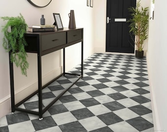 Checkerboard Sheet Vinyl Flooring Lino in Black and White Marble Tile Pattern