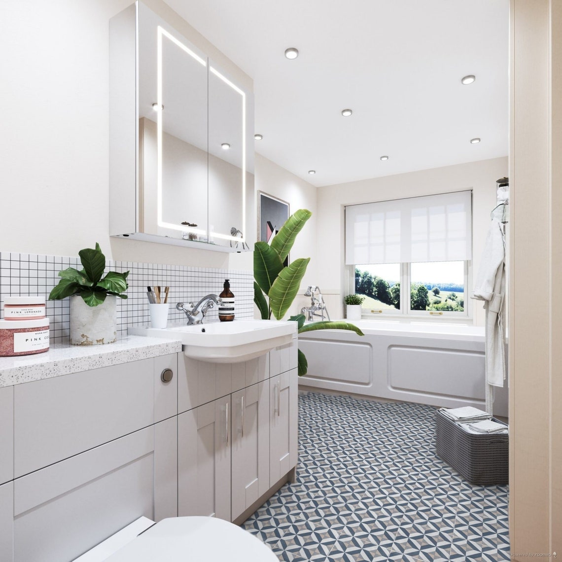 Blue Vinyl Flooring Sheet in Geometric Tile Design for Kitchens and ...