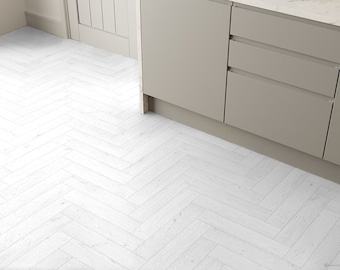 White Parquet Sheet Vinyl Flooring Roll in Wood Effect Herringbone Style For Bathrooms, Hallways and Kitchens