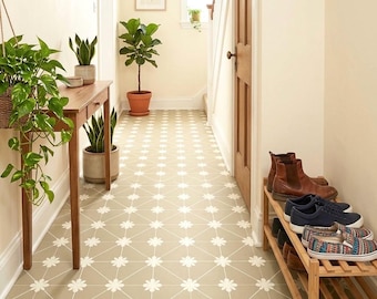 Beige Sheet Vinyl Flooring in Victorian Tile Effect Pattern for Kitchens and Bathrooms
