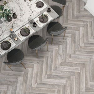 Grey Herringbone Sheet Vinyl Flooring in Parquet Wood Effect Design For Kitchen, Bathroom and Hallway Floors