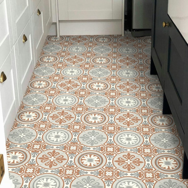 Kitchen Vinyl Flooring Sheet in Terracotta Moroccan Tile Effect Design - Sirocco Terra