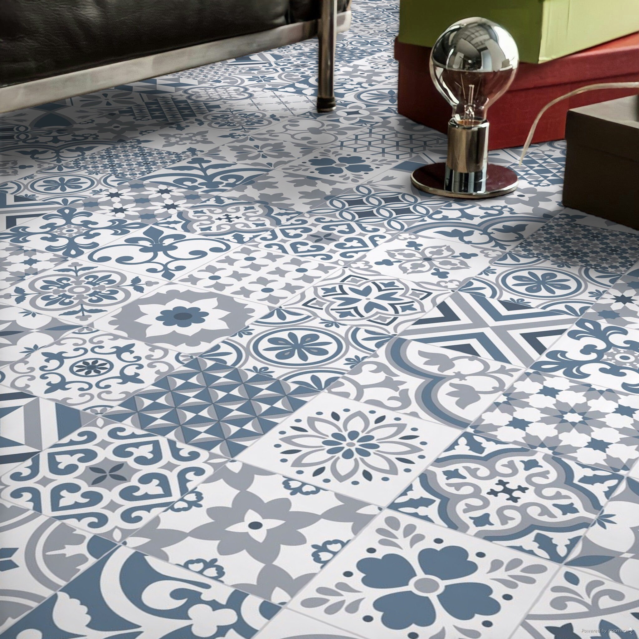 Sheet Vinyl Flooring in Blue and White Patchwork Patterned Tile Design ...