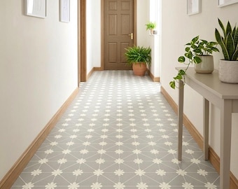 Victorian Tile Effect Sheet Vinyl Flooring Roll in Grey and White Floral Pattern