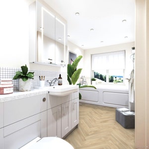 Herringbone Sheet Vinyl Flooring in Medium Wood Parquet Design for