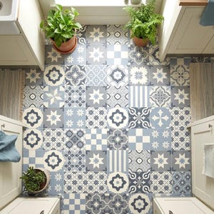 May include: A floor covered in square tiles featuring a repeating pattern of blue, white, and gray geometric shapes, stars, and floral motifs. The tiled area is flanked by white cabinets and includes three potted green plants in terracotta pots.