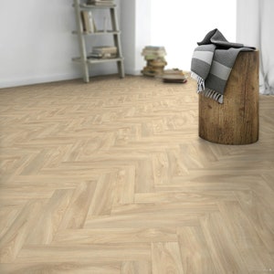 Herringbone Sheet Vinyl Flooring in Medium Wood Parquet Design for