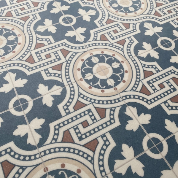 Thick Vinyl Flooring Sheet in Blue Turkish Tile Design For Kitchens, Bathrooms and Hallways - Marmara