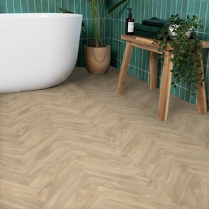 Herringbone Sheet Vinyl Flooring in Medium Wood Parquet Design for