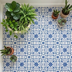 Vinyl Flooring Sheet Lino in Blue and White Portuguese Azulejos Porcelain Tile Effect Pattern