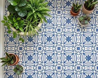 Vinyl Flooring Sheet Lino in Blue and White Portuguese Azulejos Porcelain Tile Effect Pattern