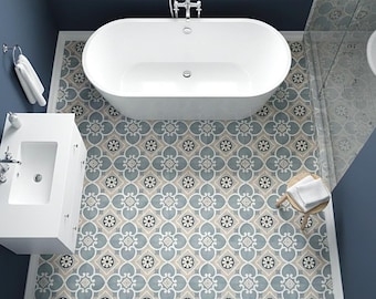 Grey and Beige Sheet Vinyl Flooring Roll in Moroccan Floral Tile Pattern for Kitchen and Bathrooms