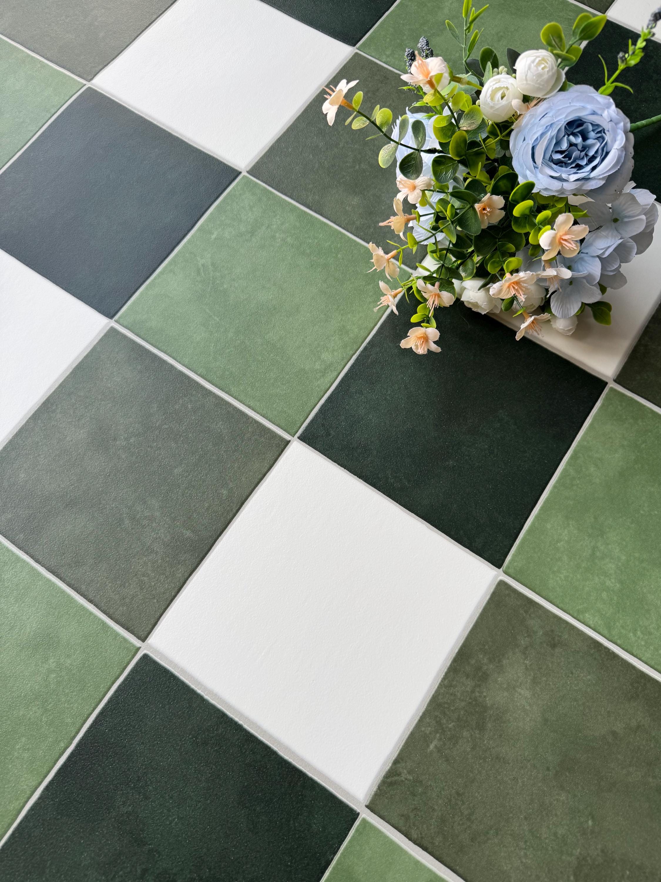 Green Check Tile Effect Sheet Vinyl Flooring Linoleum for Kitchen and ...
