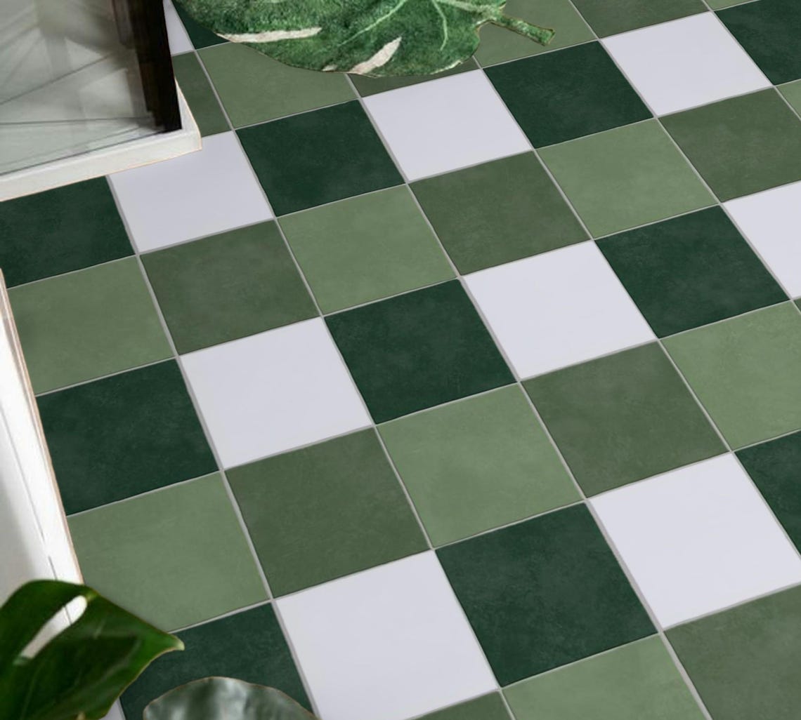 Green Check Tile Effect Sheet Vinyl Flooring Linoleum for Kitchen and ...