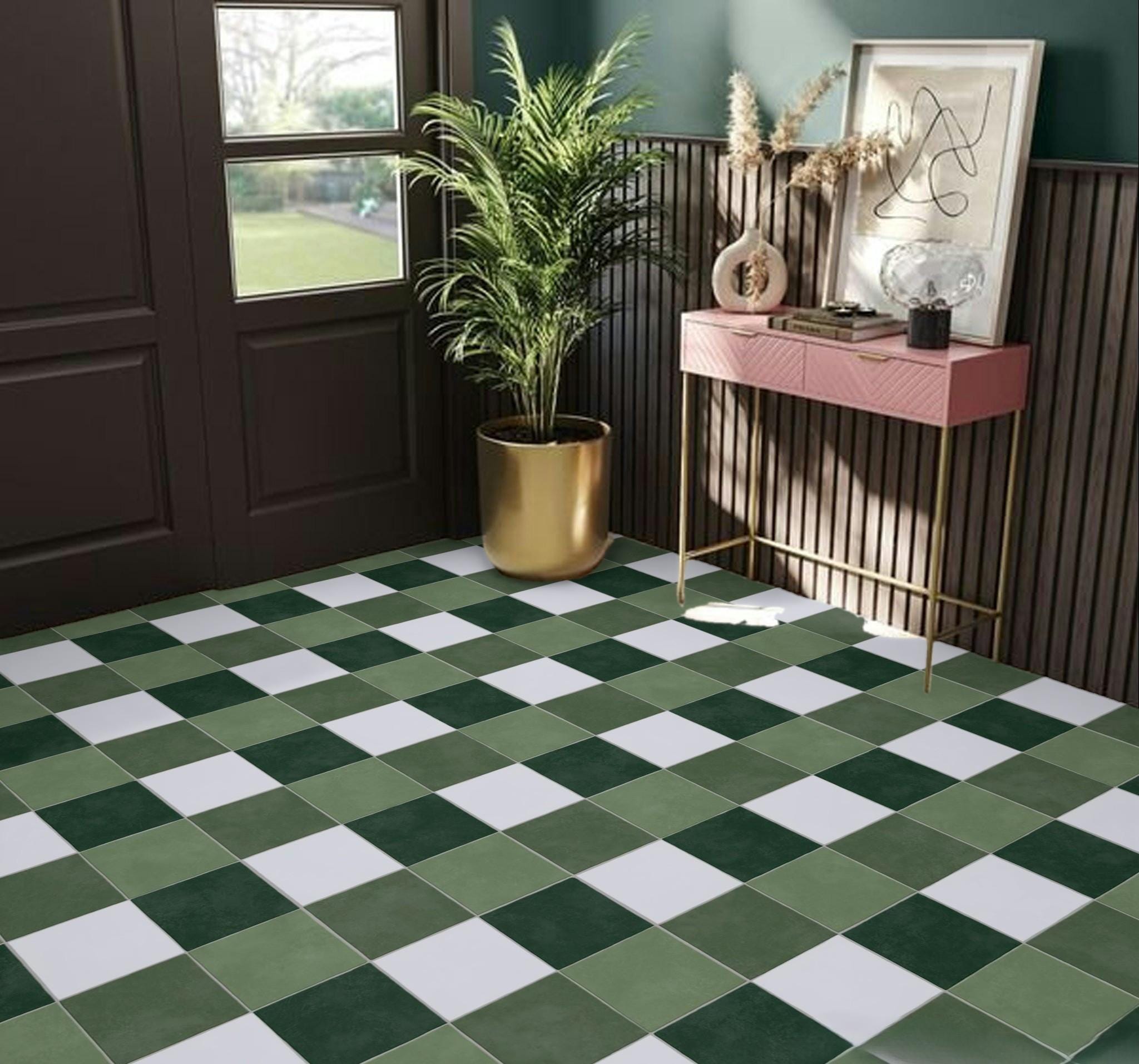 Green Check Tile Effect Sheet Vinyl Flooring Linoleum for Kitchen and ...