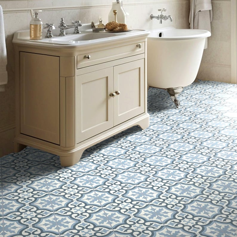 Blue Tile Effect Flooring, Patterned Sheet Vinyl, Felt Back Cushioned Linoleum, Kitchen and Bathroom Lino image 7