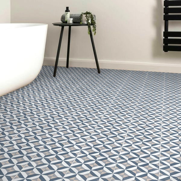 Blue Vinyl Flooring Sheet in Geometric Tile Design For Kitchens and Bathrooms - Azzuro