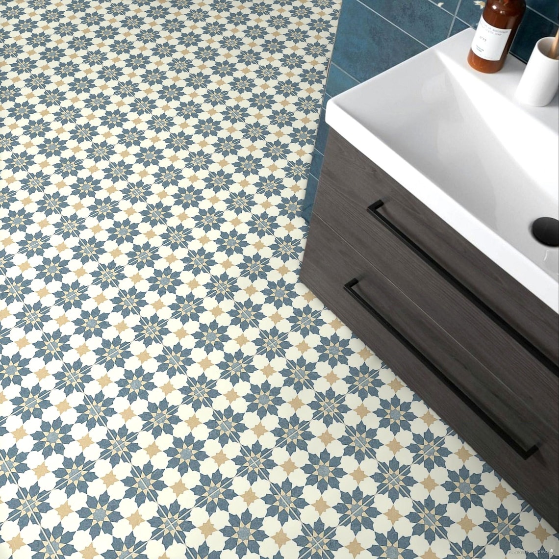 Cushioned Vinyl Flooring Sheet in Blue and White Moroccan Tile Effect ...