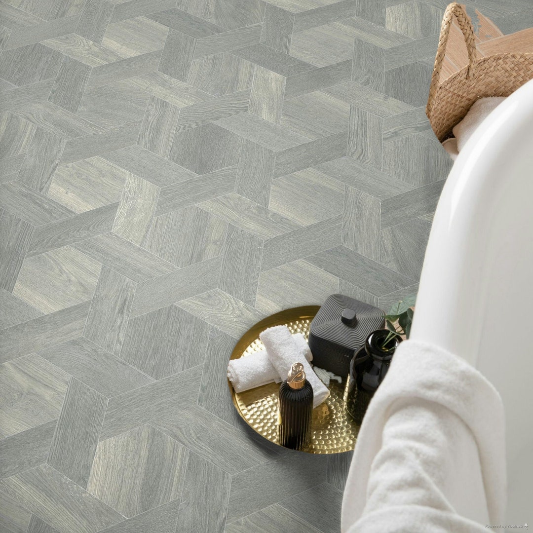 Grey Parquet Sheet Vinyl Flooring Roll in Wood Effect Basketweave Pattern for Kitchen and ...