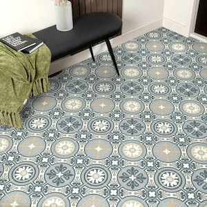 Blue Sheet Vinyl Flooring, Moroccan Tile Effect Linoleum, Cushioned Kitchen and Bathroom Lino